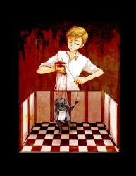 Rule 34 | 1boy, alphonse elric, apron, armor, artist request, black background, black border, blonde hair, border, buttons, character doll, checkered floor, closed eyes, closed mouth, collarbone, collared shirt, dress shirt, floor, full armor, fullmetal alchemist, gradient background, hands up, head tilt, holding, light smile, male focus, puppet, puppet strings, red background, shaded face, shirt, simple background, sleeves rolled up, source request, standing, symbolism, upper body, wall, white shirt