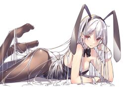 Rule 34 | 1girl, animal ears, black bow, black pantyhose, blush, bow, breasts, detached collar, elbow rest, legs up, leotard, light smile, long hair, looking at viewer, lying, medium breasts, on stomach, original, pantyhose, playboy bunny, rabbit ears, rabbit tail, red eyes, shiro youduki, solo, tail, thick eyebrows, very long hair, white background, white hair, wrist cuffs