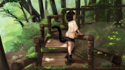 Rule 34 | 1girl, :o, animal ears, ankle boots, black footwear, black skirt, blouse, boots, brown hair, cat ears, cat tail, contrapposto, forest, from side, grass, high heel boots, high heels, highres, nature, original, outdoors, paintrfiend, parted lips, pleated skirt, profile, railing, shirt, short hair, skirt, solo, stairs, standing, tail, tree, yellow eyes