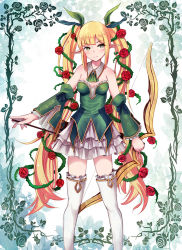 Rule 34 | 1girl, arrow (projectile), ascot, bare shoulders, blonde hair, blush, boots, bow (weapon), breasts, breasts apart, detached collar, detached sleeves, flower, gradient background, green eyes, hair flower, hair ornament, hair ribbon, light smile, long hair, pointy ears, quiver, qunqing, ribbon, rose, sennen sensou aigis, sidelocks, small breasts, spica (sennen sensou aigis), standing, thigh boots, thighhighs, thorns, twintails, very long hair, weapon, white footwear, white thighhighs, zettai ryouiki