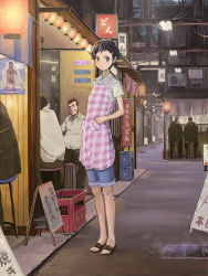 Rule 34 | 1girl, alley, apron, bad id, bad pixiv id, banner, black hair, brown eyes, brown hair, cable, denim, domo1220, fluorescent lamp, food stand, grate, hair ornament, hairclip, hands in pockets, jeans, lantern, looking at viewer, market stall, night, nobori, original, pants, pants rolled up, paper lantern, road, sandals, scenery, sewer grate, short hair, short sleeves, standing, street, vanishing point, yamaaaa