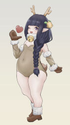 Rule 34 | 1girl, :3, absurdres, animal costume, antlers, bell, black hair, blush, boots, braid, breasts, brown leotard, cameltoe, chikuwa (aymg7332), christmas, commentary, covered navel, detached sleeves, final fantasy, final fantasy xiv, fur collar, fur trim, hair bell, hair ornament, heart, highres, holly hair ornament, horns, jingle bell, lalafell, leotard, long hair, mittens, neck bell, one eye closed, open mouth, playboy bunny, pointy ears, purple eyes, reindeer antlers, reindeer costume, shortstack, simple background, single braid, small breasts, smile, star sticker, sticker on face, strapless, strapless leotard, thick thighs, thighs, warrior of light (ff14), wide hips
