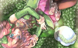 Rule 34 | 1girl, bad id, bad pixiv id, blue eyes, blush, bow, commentary request, detached sleeves, dress, feet out of frame, flower, frilled dress, frilled skirt, frilled sleeves, frills, green bow, green dress, green sleeves, hair between eyes, hair bow, hizukiryou, jewelry, lens flare, looking at viewer, medium hair, necklace, open mouth, original, pink hair, pink skirt, skirt, solo, two side up, upside-down, white flower