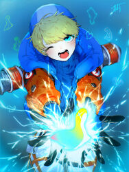 Rule 34 | 1girl, animification, apex legends, blonde hair, blue background, blue bodysuit, blue eyes, blue gloves, blush, bodysuit, electricity, facial scar, gloves, highres, hood, hood down, hood up, hooded bodysuit, jacket, looking at viewer, nessie (respawn), one eye closed, open mouth, orange jacket, ribbed bodysuit, scar, scar on cheek, scar on face, smile, solo, stuffed toy, tomitacchi, wattson (apex legends), white bodysuit