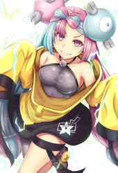 Rule 34 | 1girl, boots, bow-shaped hair, breasts, character hair ornament, commentary request, creatures (company), electricity, eyelashes, game freak, green hair, grey footwear, grey shirt, grin, hair ornament, hands up, highres, iono (pokemon), jacket, long hair, medium breasts, multicolored hair, nintendo, pink hair, pokemon, pokemon sv, purple eyes, sharp teeth, shirt, sleeveless, sleeveless shirt, sleeves past fingers, sleeves past wrists, smile, solo, star (symbol), star print, teeth, thigh strap, twintails, two-tone hair, white background, yellow jacket, zatma0041
