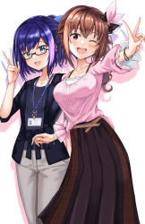 Rule 34 | 2girls, a-chan (hololive), absurdres, belt, black-framed eyewear, black bow, black jacket, black ribbon, blue bow, blue eyes, blue hair, blue shirt, blush, bow, bracelet, breasts, brown belt, brown eyes, brown hair, brown skirt, collarbone, company name, glasses, hair between eyes, hair bow, hair ornament, hair ribbon, highres, hololive, id card, jacket, jewelry, lanyard, long hair, long skirt, long sleeves, looking at viewer, medium breasts, multiple girls, nootomo, official alternate costume, one eye closed, open clothes, open jacket, open mouth, pants, pink ribbon, pink shirt, ponytail, ribbon, shirt, short hair, simple background, skirt, small breasts, smile, star (symbol), star hair ornament, striped clothes, striped shirt, tokino sora, tokino sora (casual), v, vertical-striped clothes, vertical-striped shirt, virtual youtuber, waist bow, white background, white pants