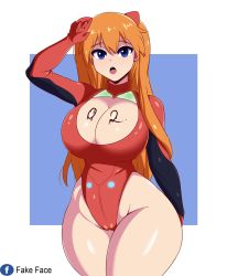 Rule 34 | 1girl, adapted costume, artist name, bodypaint, bodysuit, breasts, curvy, fake face, highleg, highleg leotard, highres, huge breasts, leotard, looking at viewer, neon genesis evangelion, open mouth, plugsuit, shiny skin, simple background, solo, souryuu asuka langley, standing, twintails
