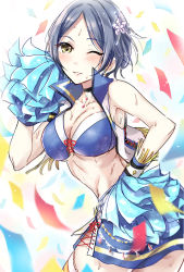 Rule 34 | 1girl, bad id, bad pixiv id, bikini, bikini top only, blue bikini, blue hair, blue skirt, blush, breasts, choker, cleavage, collarbone, flower, hair flower, hair ornament, hayami kanade, highres, idolmaster, idolmaster cinderella girls, idolmaster cinderella girls starlight stage, kuguri oimo, large breasts, leaning forward, looking at viewer, miniskirt, one eye closed, parted bangs, parted lips, pom pom (cheerleading), short hair, side slit, skirt, sleeveless, solo, standing, sweat, swimsuit, thighhighs, underboob, white flower, white thighhighs, yellow eyes