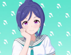 Rule 34 | 1girl, absurdres, artist name, artist request, blue hair, blush, breasts, buttons, dolphin print, female focus, green neckerchief, grey sailor collar, hair between eyes, hand on own chin, high ponytail, highres, long hair, looking at viewer, love live!, love live! sunshine!!, matsuura kanan, neckerchief, parted lips, ponytail, purple eyes, reno ichi (reno ynwa), reno ynwa, reynaud (reno sww), sailor collar, school uniform, shirt, small breasts, smile, solo, upper body, uranohoshi school uniform, white shirt