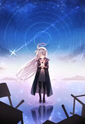 Rule 34 | 1girl, absurdres, black coat, black pantyhose, black serafuku, blue archive, braid, closed eyes, cloud, coat, commentary, crying, full body, hair ribbon, halo, highres, holding, holding phone, long hair, long sleeves, mountainous horizon, nanahoshi teru, neckerchief, night, night sky, open clothes, open coat, open mouth, outdoors, pantyhose, phone, pink halo, plana (blue archive), reflection, ribbon, school uniform, serafuku, shooting star, side braid, sky, solo, standing, star (sky), star trail, starry sky, very long hair, water, white hair, white neckerchief, white ribbon