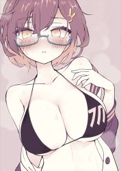 Rule 34 | 1girl, absurdres, bikini, black bikini, black hair, blue archive, blush, breasts, rabbit hair ornament, chihiro (blue archive), cleavage, collarbone, glasses, hair between eyes, hair ornament, highres, jacket, large breasts, looking at viewer, parted lips, sahara maddam, short hair, simple background, solo, swimsuit, upper body, yellow eyes