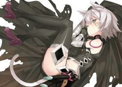 Rule 34 | 1girl, animal ears, arm belt, arm pillow, armor, bandaged arm, bandages, bare shoulders, black gloves, black panties, black thighhighs, bodypaint, boots, cat ears, cat tail, closed mouth, eyelashes, fate/apocrypha, fate/grand order, fate (series), flat chest, full body, furisuku, gloves, green eyes, hair between eyes, high heels, jack the ripper (fate/apocrypha), kemonomimi mode, light particles, looking at viewer, lying, on side, panties, purple footwear, scar, scar across eye, scar on face, shoes, short hair, silver hair, simple background, sleeveless, solo, tail, thigh boots, thighhighs, underwear, weapon, white background