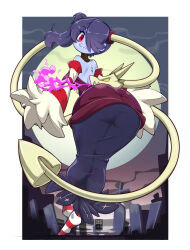Rule 34 | 1girl, :3, ass, bayeuxman, blue background, blue hair, blue skin, colored skin, detached collar, detached sleeves, dress, fire, from behind, full moon, graveyard, hair over one eye, highres, leviathan (skullgirls), long sleeves, looking at viewer, looking back, moon, parted lips, red eyes, skullgirls, smile, socks, solo, squigly (skullgirls), stitched mouth, stitches, striped clothes, striped sleeves, striped socks, wide sleeves, zombie