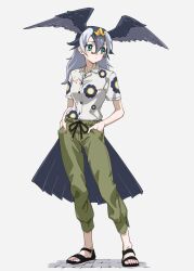 Rule 34 | 1girl, bird girl, bird tail, bird wings, black footwear, black hair, capri pants, casual, collared shirt, floral print, full body, green eyes, green pants, grey hair, hair between eyes, hands in pockets, head wings, highres, japanese cormorant (kemono friends), jewelry, kemono friends, kemono friends 3, long hair, multicolored hair, nail polish, necklace, official alternate costume, pants, red nails, sandals, shirt, sidelocks, solo, tail, tanabe (fueisei), two-tone hair, white shirt, wings