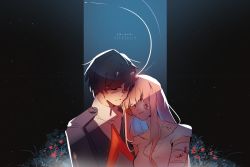 Rule 34 | 10s, 1boy, 1girl, bandaged arm, bandages, bandaid, bandaid on face, black hair, blood, blood on face, blue horns, closed eyes, collarbone, commentary request, couple, darling in the franxx, emi-bianchi, flower, hairband, hetero, highres, hiro (darling in the franxx), horns, long hair, long sleeves, military, military uniform, necktie, night, night sky, nightgown, oni horns, pink hair, red neckwear, short hair, sky, sleeveless, star (sky), star (symbol), uniform, white hairband, zero two (darling in the franxx)