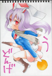 Rule 34 | 1girl, :&lt;, animal ears, bad id, bad pixiv id, blush stickers, character name, face, female focus, necktie, purple hair, rabbit ears, rabbit girl, rabbit tail, red eyes, red necktie, reisen udongein inaba, scarf, skirt, solo, tail, touhou, traditional media, uousa-ou
