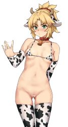 Rule 34 | 1girl, absurdres, animal ears, arm behind back, bar censor, bell, bikini, bikini top only, blonde hair, blush, braid, breasts, censored, cleft of venus, collar, collarbone, commentary, cow ears, cow horns, cowbell, english commentary, fake animal ears, fake horns, fate/apocrypha, fate/grand order, fate (series), gluteal fold, green eyes, hair ornament, hair scrunchie, highres, horns, long hair, looking at viewer, mordred (fate), mordred (fate/apocrypha), navel, open mouth, ponytail, pussy, red scrunchie, scrunchie, simple background, small breasts, solo, suggestive fluid, swimsuit, thighhighs, todding, white background