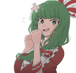 Rule 34 | 1girl, bandaid, bow, breasts, dress, frills, front ponytail, green eyes, green hair, hair bow, hair ribbon, highres, kagiyama hina, large breasts, looking at viewer, mata (matasoup), open mouth, red dress, ribbon, simple background, solo, sweat, touhou, upper body, white background