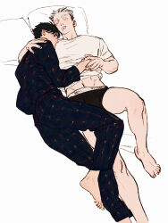 Rule 34 | 2boys, akaashi keiji, arm around shoulder, barefoot, bed sheet, black hair, bokuto koutarou, boxers, chengongzi123, closed eyes, closed mouth, commentary, english commentary, foot out of frame, grey hair, groin, haikyuu!!, highres, holding hands, lying, male focus, male underwear, midriff peek, multicolored hair, multiple boys, on back, open mouth, pajamas, pillow, plaid pajamas, saliva, shirt, short hair, short sleeves, simple background, sleeping, streaked hair, t-shirt, underwear, very short hair, white background, white shirt, yaoi