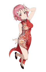 Rule 34 | 1girl, arm up, china dress, chinese clothes, dress, floral print, full body, hair ornament, hairclip, lisbeth (sao), non-web source, official art, pink eyes, pink hair, pointy ears, short hair, sleeveless, sleeveless dress, solo, sword art online
