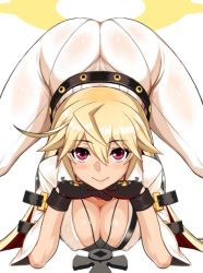 Rule 34 | 1girl, ahoge, all fours, ankh, ass, belt, belt skirt, black gloves, blonde hair, blush, bodysuit, breasts, buckle, cleavage, spiked halo, covered erect nipples, downblouse, dr.p, female focus, fingerless gloves, gloves, guilty gear, guilty gear xrd, hair between eyes, halo, interlocked fingers, jack-o&#039; valentine, jewelry, large breasts, legs apart, light smile, long hair, looking at viewer, multicolored hair, necklace, nipples, own hands clasped, own hands together, pantylines, purple eyes, red eyes, red hair, see-through, simple background, smile, solo, studded belt, thighs, top-down bottom-up, two-tone hair, white background, white hair