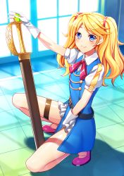 Rule 34 | 1girl, belt, black belt, blonde hair, bloomers, blouse, blue dress, blue eyes, blush, bow, bowtie, closed mouth, collared shirt, commentary request, day, dress, full body, gloves, hairband, highres, holding, holding sword, holding weapon, ike masato, indoors, long hair, looking at viewer, pink footwear, pink hairband, puffy sleeves, ragnarok online, red bow, red bowtie, shadow, sheath, sheathed, shirt, shoes, short dress, skia nerius, sleeveless, sleeveless dress, smile, solo, squatting, swept bangs, sword, thigh strap, tile floor, tiles, twintails, underwear, weapon, white gloves, white shirt, window