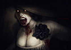 Rule 34 | 1girl, alcina dimitrescu, artist name, black flower, blood, blood from mouth, breasts, brown headwear, cleavage, colored sclera, dress, fangs, flower, glowing, glowing eyes, grey dress, highres, jewelry, large breasts, long sleeves, necklace, red eyes, red sclera, resident evil, resident evil village, sharp teeth, signature, solo, teeth, teradiam, vampire