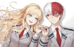 Rule 34 | 1boy, 1girl, blonde hair, blue eyes, boku no hero academia, burn scar, character request, commission, fang, grey eyes, grey jacket, hand up, heterochromia, highres, holding hands, jacket, long hair, lying, male focus, multicolored hair, necktie, on back, original, pinky swear, red hair, red neckwear, scar, scar on face, short hair, signature, simple background, split-color hair, todoroki shouto, two-tone hair, upper body, white background, white hair, ye jji