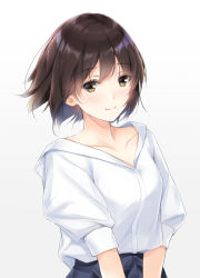 Rule 34 | 1girl, breasts, brown eyes, brown hair, highres, looking at viewer, medium breasts, nayuta69, original, shirt, shirt tug, short hair, simple background, smile, solo, upper body, white background, white shirt