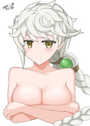 Rule 34 | 1girl, absurdres, artist name, bare shoulders, blush, braid, braided ponytail, breasts, cleavage, closed mouth, commentary request, covering breasts, covering privates, dated, grey hair, hair between eyes, hamukiyo, highres, kantai collection, large breasts, long hair, looking at viewer, simple background, solo, topless, unryuu (kancolle), upper body, very long hair, white background, yellow eyes