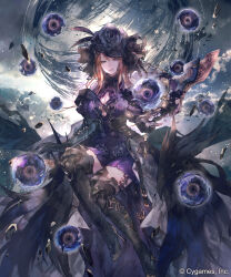 1girl black_footwear blue_eyes boots breasts brown_hair cleavage_cutout clothing_cutout commentary copyright_notice cygames dress flower_head hat high_heel_boots high_heels highres long_sleeves medium_breasts official_art onineko purple_dress shadowverse sitting tagme thighhighs zettai_ryouiki