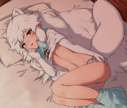 Rule 34 | 1girl, animal ears, arctic fox (kemono friends), bed, bow, bowtie, flat chest, fox girl, gloves, grgrumi, kemono friends, long hair, looking at viewer, lying, nipples, solo, tail, thighs, thighs together