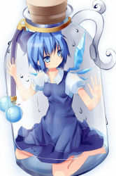 Rule 34 | 1girl, blue eyes, blue hair, bottle, bow, breasts, cirno, cork, covered erect nipples, embodiment of scarlet devil, hair bow, in bottle, in container, matching hair/eyes, mikan (bananoha), mini person, minigirl, short hair, small breasts, solo, touhou, water, wings