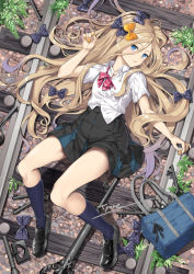 Rule 34 | 1girl, abigail williams (fate), bag, black bow, black footwear, black skirt, blonde hair, blue eyes, blue socks, bow, collared shirt, commentary request, day, dress, dutch angle, fate/grand order, fate (series), fingernails, from above, full body, hair between eyes, hair bow, hair spread out, key, kneehighs, long hair, looking at viewer, lying, multiple hair bows, nail polish, on back, on ground, orange bow, orange nails, outdoors, oversized object, plaid, plaid bow, pleated skirt, polka dot, polka dot bow, railroad tracks, red bow, school bag, school uniform, shirt, shoes, short sleeves, signature, skirt, socks, solo, tyone, very long hair, white shirt