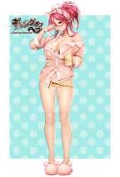 Rule 34 | 1girl, bare legs, blouse, blush, breasts, cleavage, coffee mug, collarbone, copyright name, cup, floral print, frills, full body, gang of heaven, groin, hair between eyes, hairband, holding, large breasts, legs apart, long hair, long sleeves, looking down, masami chie, mouth hold, mug, no bra, off shoulder, official art, one eye closed, outside border, pajamas, panties, partially unbuttoned, pink footwear, pink shirt, polka dot, polka dot background, ponytail, print shirt, red eyes, red hair, shirt, sidelocks, single bare shoulder, slippers, solo, standing, toothbrush, underwear, wiping face, yellow panties