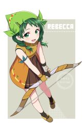 Rule 34 | 1girl, aged down, bow (weapon), braid, fire emblem, fire emblem heroes, green eyes, green hair, highres, hiyori (rindou66), holding, holding bow (weapon), holding weapon, looking at viewer, nintendo, official alternate costume, open mouth, rebecca (fire emblem), twin braids, weapon