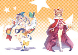 Rule 34 | 2girls, adapted costume, bare shoulders, blonde hair, blue eyes, boots, bridal gauntlets, cape, crown, detached sleeves, dress, earmuffs, hat, headphones, japanese clothes, long hair, long sleeves, midriff, mononobe no futo, multiple girls, navel, open mouth, pink dress, polka dot, polka dot background, ponytail, ribbon, ribbon-trimmed sleeves, ribbon trim, shirt, short hair, silver hair, skirt, smile, standing, standing on one leg, star (symbol), tate eboshi, touhou, toyosatomimi no miko, wide sleeves, yellow eyes, yetworldview kaze