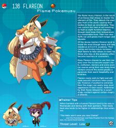 Rule 34 | 1boy, 1girl, animal ears, bag, blonde hair, blue eyes, bowl, brown eyes, character name, character profile, clothes, commentary, creatures (company), english commentary, english text, flareon, food, full body, game freak, gen 1 pokemon, highres, holding, holding bowl, kinkymation, leg belt, long hair, monster girl, nintendo, personification, pokemon, purple hair, short hair, skirt, soup, toeless footwear, very long hair