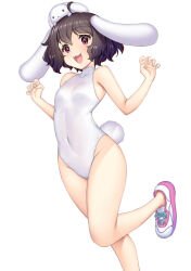 Rule 34 | 1girl, :3, :d, ahoge, alternate costume, animal ears, bare shoulders, black hair, blush, breasts, floppy ears, foot out of frame, happy, hataraki kuma, inaba tewi, leotard, medium breasts, open mouth, pink footwear, rabbit ears, rabbit tail, shoes, short hair, simple background, smile, solo, standing, standing on one leg, tail, touhou, white background, white leotard