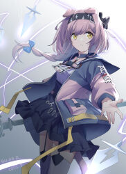 Rule 34 | 1girl, absurdres, arknights, blue bow, bow, braid, breasts, garter straps, goldenglow (arknights), hair bow, headband, highres, holding, holding staff, id card, jacket, lightning bolt print, lightning bolt symbol, medium breasts, outstretched hand, pink hair, scissors, solo, staff, standing, thighhighs, xjx, yellow eyes