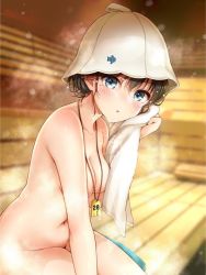 Rule 34 | 1girl, black hair, blue eyes, blush, breasts, cleavage, collarbone, convenient arm, convenient censoring, hat, holding, holding towel, lanyard, medium breasts, mikujin (mikuzin24), navel, original, parted lips, sauna, short hair, sitting, solo, steam, towel, white hat, wiping sweat