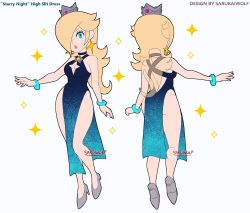 Rule 34 | 1girl, absurdres, alternate costume, arm up, ass, blonde hair, blue eyes, bracelet, breasts, brooch, character sheet, choker, cleavage, cleavage cutout, clothing cutout, covered navel, crown, dress, earrings, high heels, highres, jewelry, long hair, mario (series), multiple views, nail polish, nintendo, pink lips, rosalina, sarukaiwolf, side slit, simple background, sparkle, strap, super mario bros. 1, super mario galaxy, turnaround, wand, white background