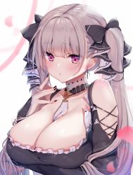 Rule 34 | 1girl, ayuma sayu, azur lane, bare shoulders, between breasts, black bow, black nails, blush, bow, breast hold, breasts, cleavage, closed mouth, collarbone, commentary request, detached collar, earrings, formidable (azur lane), hair bow, hand up, highres, jewelry, large breasts, long hair, long sleeves, looking at viewer, nail polish, parted lips, petals, purple eyes, silver hair, simple background, solo, twintails, two-tone bow, upper body, white background