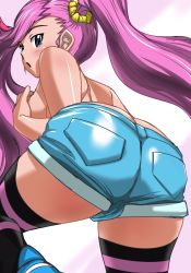Rule 34 | 1girl, ass, back, bandai, bare back, blue eyes, blush, breasts, butt crack, covering breasts, covering privates, curvy, digimon, digimon universe: appli monsters, female focus, highres, hinokawa jun, hip focus, huge ass, karan eri, large breasts, legs, long hair, looking at viewer, looking back, no bra, open mouth, pink hair, shiny skin, short shorts, shorts, solo, striped clothes, striped thighhighs, thick thighs, thighhighs, thighs, topless, twintails, wide hips