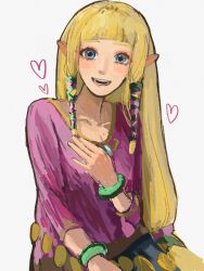 Rule 34 | 1girl, :d, blonde hair, blue eyes, blunt bangs, bracelet, collarbone, commentary request, hair ribbon, hand on own chest, hand up, heart, highres, jewelry, long hair, nintendo, open mouth, pink shirt, pointy ears, princess zelda, ribbon, rotennnnn, shirt, sitting, smile, solo, teeth, the legend of zelda, the legend of zelda: skyward sword, tress ribbon