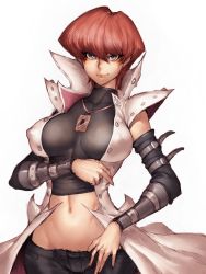 Rule 34 | 1girl, blue eyes, breasts, brown hair, covered erect nipples, fumio (rsqkr), genderswap, genderswap (mtf), jewelry, kaiba seto, large breasts, looking at viewer, midriff, necklace, short hair, solo, turtleneck, yu-gi-oh!