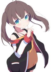 Rule 34 | 1girl, absurdres, ahoge, bare shoulders, black jacket, black shorts, blue eyes, blush, brown hair, brown shirt, closed mouth, collarbone, commentary request, hair between eyes, hand up, highres, hololive, jacket, long hair, long sleeves, looking at viewer, natsuiro matsuri, natsuiro matsuri (gaming casual), off-shoulder jacket, off-shoulder shirt, off shoulder, okota mikan, puffy long sleeves, puffy sleeves, shirt, short shorts, shorts, simple background, smile, solo, standing, twintails, virtual youtuber, white background