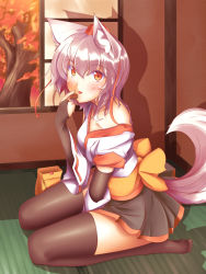 Rule 34 | 1girl, absurdres, animal ears, bare shoulders, black legwear, blush, breasts, chocolate, chus, collarbone, detached sleeves, hat, highres, inubashiri momiji, looking at viewer, red eyes, short hair, silver hair, sitting, smile, solo, tail, tokin hat, tongue, tongue out, touhou, wariza, wolf ears, wolf tail