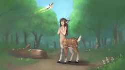 Rule 34 | 1girl, absurdres, animal ears, antlers, blue sky, breasts, brown hair, bug, butterfly, centaur, centauroid, crossed arms, day, deer, deer ears, female focus, forest, green eyes, highres, horns, insect, log, long hair, nature, nipples, nude, original, outdoors, paintrfiend, plant, pointy ears, sky, small breasts, solo, taur, tree, wide shot