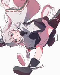 Rule 34 | 1girl, black footwear, black hat, black skirt, commentary, grey eyes, grey hair, hat, highres, japanese clothes, kariginu, long hair, long sleeves, looking at viewer, mononobe no futo, open mouth, plate, pom pom (clothes), ponytail, ribbon-trimmed sleeves, ribbon trim, simple background, skirt, solo, stella (pokopokobanana), tate eboshi, touhou, white background, wide sleeves